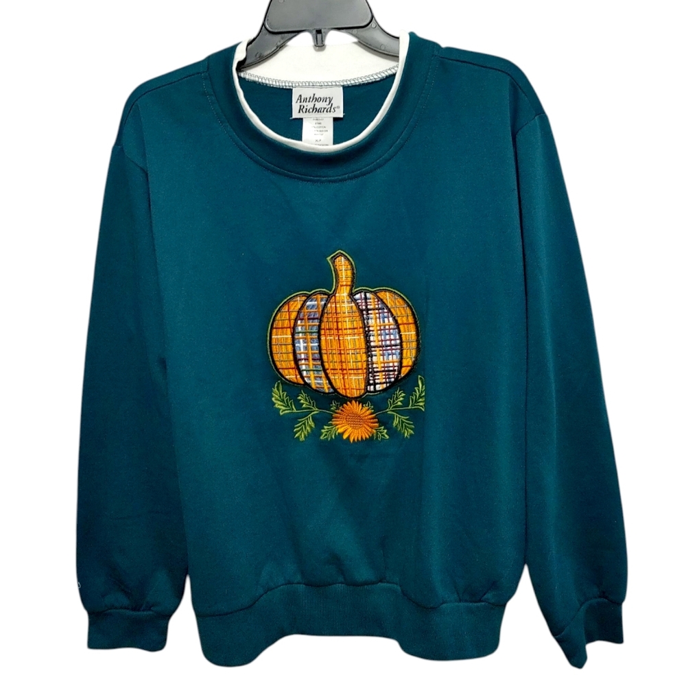 Anthony Richards Teal Embroidered Fall Pumpkin Sweatshirt Women's Size Petite XL